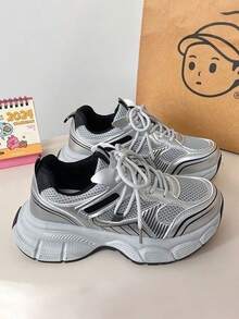 Zapatillas de suela gruesa para mujer, estilo ins, finas y antideslizantes, de malla ligera y transpirable, zapatillas de running casuales, zapatillas deportivas de moda. - Plateado - Ver 6