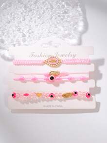 4件套时尚墨西哥手链，圣母玛利亚十字架手工编织手链，邪眼心形珠子手工编织手链，幸运礼物 - 粉色 - 查看 4