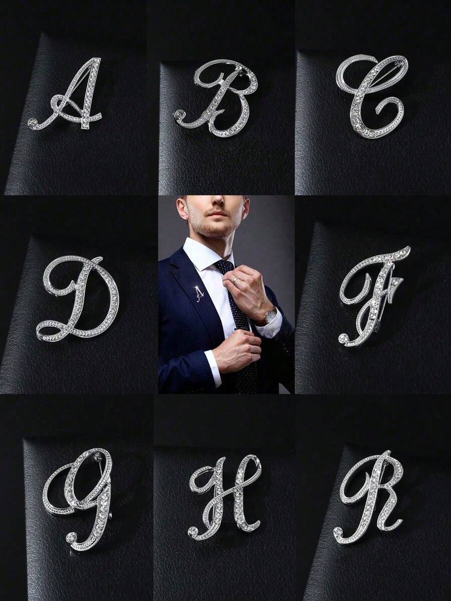 1pc Rhinestone Initial Brooch Pin, Suit Lapel Pin Clip For Men And Women, Alphabet Letter Design Collar Pin, Letter A To Z