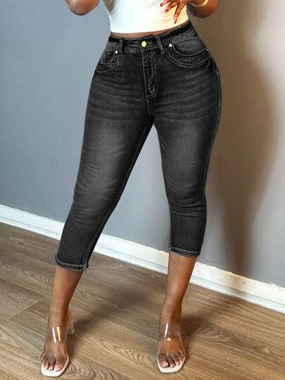 Women Fashion Vintage Washed Denim Pants Small Legs Button-Up Zipper Open Slim-Fit Stretchy Jeans