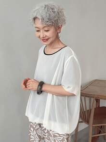 FRIFUL ملابس علوية نسائي كاجوال فضفاض من الشيفون والشبك بلون متباين، ملابس علوية شيفون فضفاضة للنساء، ملابس علوية فضفاض شفاف كبير الحجم - أبيض - مشاهدة 1