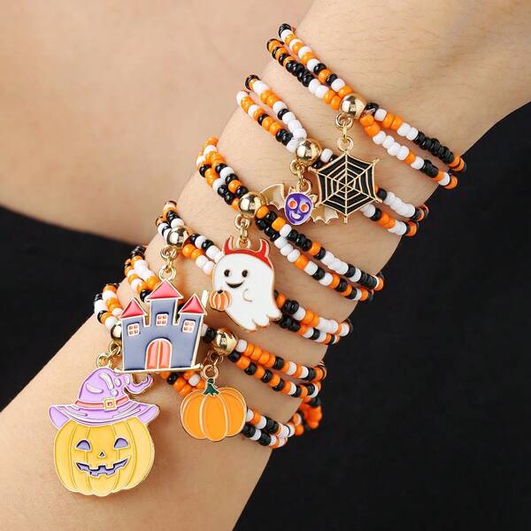 6pcs Halloween Skull & Bat Soft Clay Beaded Stacking Bracelet Set