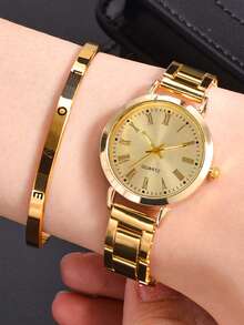 2 件女士金色合金表带，时尚休闲罗马字母表盘石英表，搭配 LOVE 字母手链套装，适合日常佩戴或节日礼物 - 金色 - 查看 2