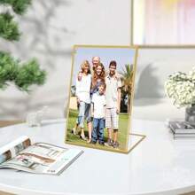 6pcs L-Shaped Acrylic Sign Holders, 5 X 7" (13X18cm), Gold Color Desktop Stands, Slanted Paper Holders, Transparent Display Racks For Menus, Flyers, Frames, Suitable For Weddings, Parties, Photo Displays