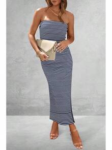 Women's Summer Bodycon Maxi Tube Dress Ribbed Strapless Side Slit Long Going Out Casual Elegant Party DressesHalloween Christmas New Year - 條紋海軍白 - 查看 4