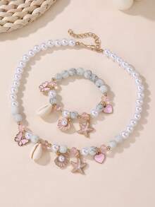 2pcs/Set Girls' Starfish, Shell, Heart, Butterfly & Pearl Beaded Necklace And Bracelet Set, Suitable For Vacation And Daily Decoration - Starfish Shell Necklace Bracelet Set - View 1