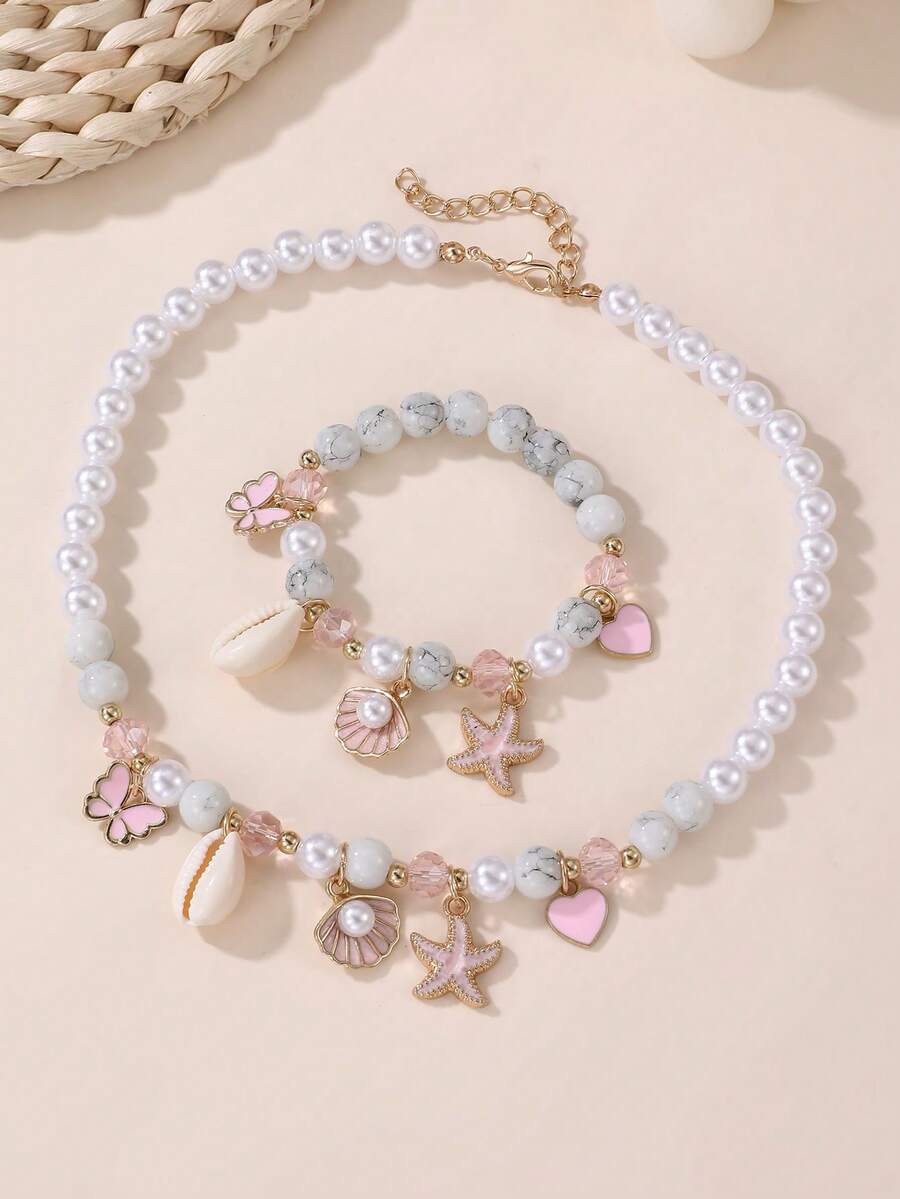 2pcs/Set Girls' Starfish, Shell, Heart, Butterfly & Pearl Beaded Necklace And Bracelet Set, Suitable For Vacation And Daily Decoration - Starfish Shell Necklace Bracelet Set - View 1