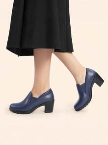 Women's Chunky Low Block Heel Pumps Comfort Oxfords Shoes Casual Loafers - Màu xanh hải quân - Xem 8