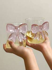1pc INS风粉色超大蝴蝶结玻璃杯3D蝴蝶结玻璃杯家用下午茶咖啡杯果汁冷饮杯气泡水杯冰淇淋甜品杯早餐牛奶杯礼品杯 - 彩色 - 查看 2