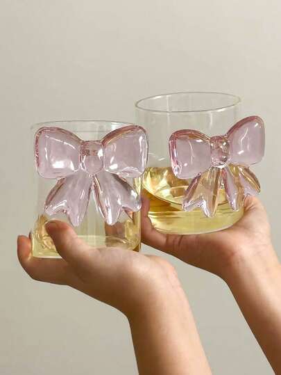 1pc INS Style Pink Oversized Bow Glass Cup, 3D Bow Glass Cup, Home Afternoon Tea Coffee Cup, Juice Cold Drink Cup, Sparkling Water Cup, Ice Cream Dessert Cup, Breakfast Milk Cup, Gift Cup
