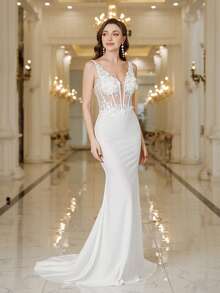 MisShow Plain    Elegant  Party    Zipper  Contrast Mesh  Backless    Wedding - 白色 - 查看 1