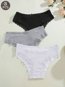 3pcs/Set Cotton Solid Color Lace Patchwork Bow Design Criss-Cross Back Breathable Sexy Women's Underwear Set
