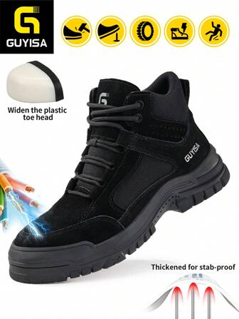 GUYISA Stivali da lavoro alti e isolati con punta in acciaio, tomaia in pelle traspirante, anti-schiacciamento e anti-perforazione, scarpe da lavoro per autunno/inverno, suola in morbida gomma (il sbiancamento è dovuto alla pressione della pelliccia, che è un fenomeno normale)