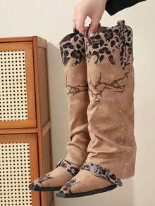 Western Cowboy Boots With Leopard Print Patchwork, Casual Vintage Outdoor Fabric Strap Riding Boots - Brown - View 4