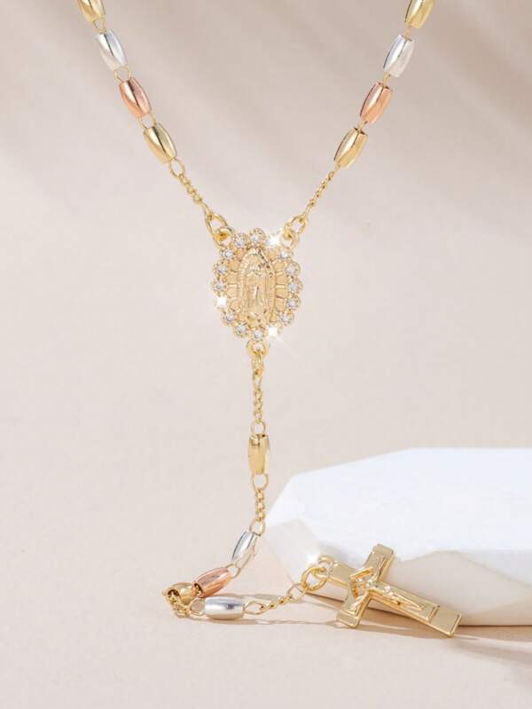 Elegant Luxury Cross & Virgin Mary Pendant Necklace, Handmade 3-Color Oval Beaded Sweater Chain, Unique Design, Suitable For Women, Party And Valentine's Day Gift