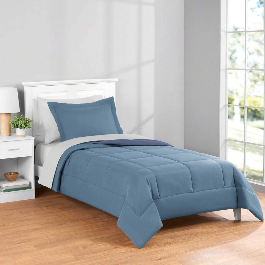 7-Piece Reversible Bed In A Bag Comforter Set With Sheets, Blue Floral, Queen - LIGHT BLUE - View 1
