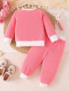 2pcs Baby Girls Cute Rabbit Embroidery Reversible Fleece Crew Neck Long Sleeve Top And Embroidered Detail Pants Children Winter Matching Set, Soft Plush Fabric Suitable For Outdoor