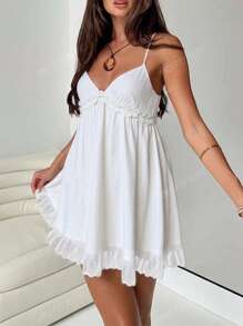 Women's Casual Sexy Boho Holiday Linen V-Neck Loose Cute Short Cami Dress With Floral Lace Patchwork, Suitable For Music Festivals, Parties, Fashion Everyday Wear, Beach Vacation, Daily