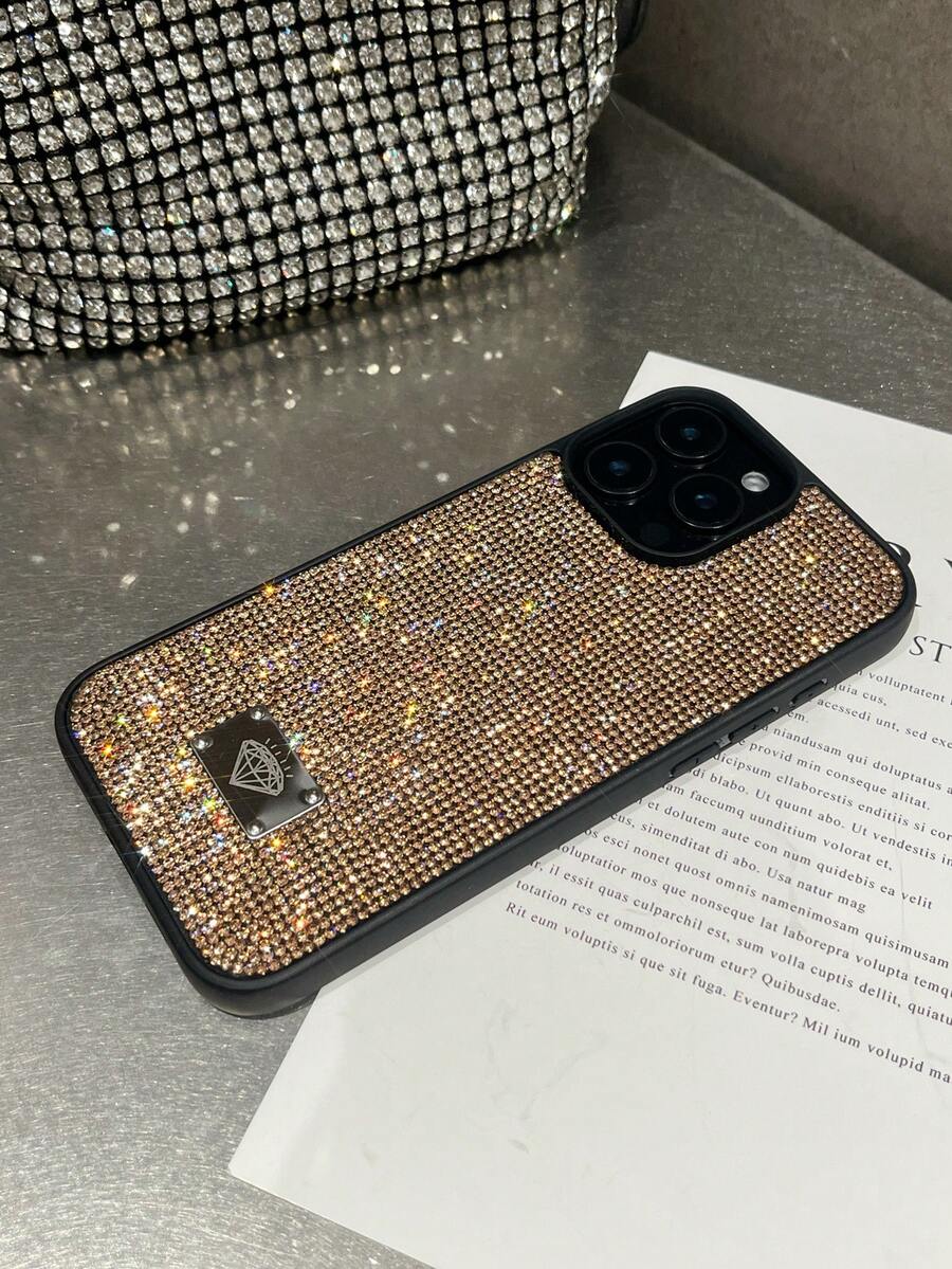 1pc Black Rhinestone Inlaid Shiny Full Coverage Comfortable Grip Phone Case Compatible With Iphone 16 Waterproof Shockproof Anti-Fall Scratch Resistant