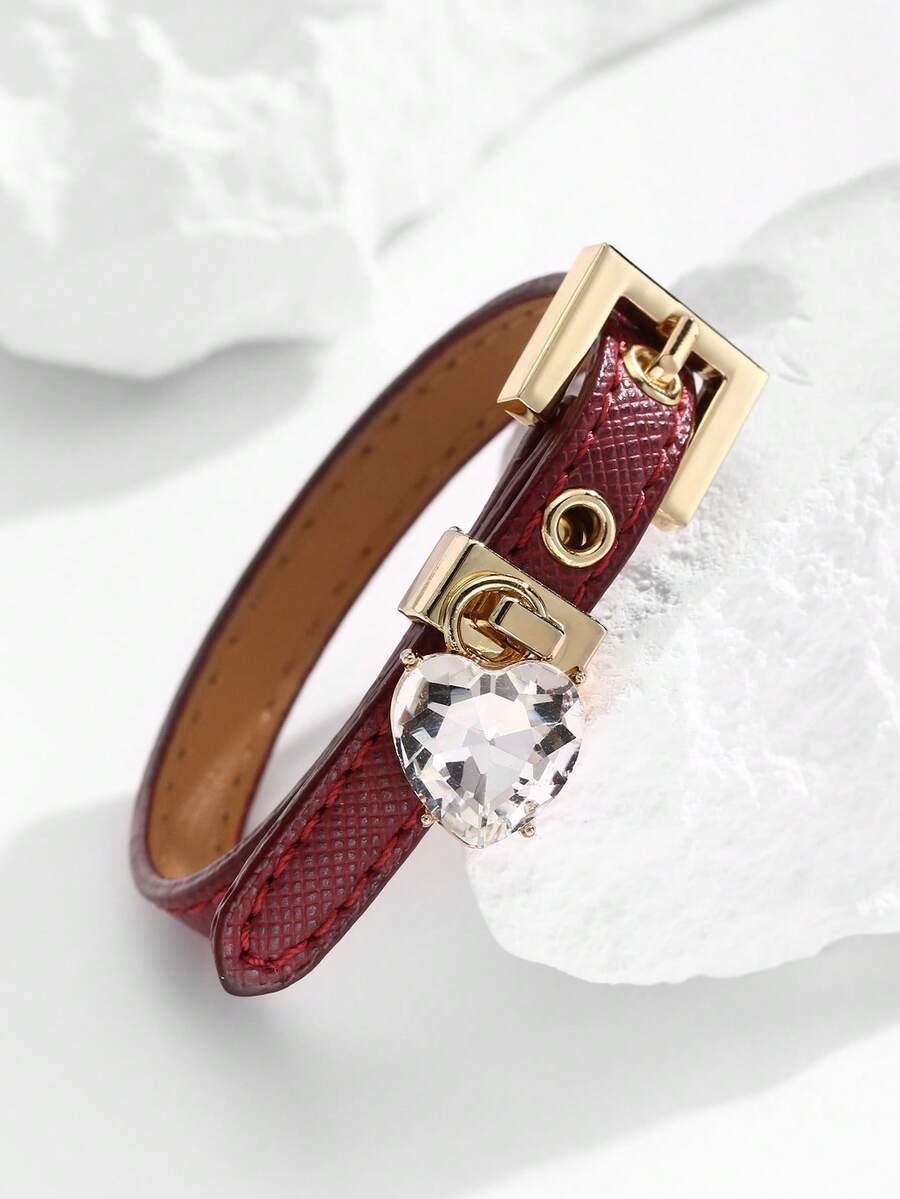 1pc Faux Diamond Bracelet, Leather Cuff With Rhinestones, High-Quality Electroplated Non-Fading, Suitable For Women's Daily Wear, Holiday Gift Choice