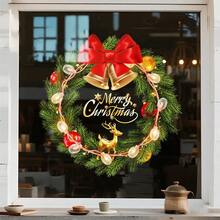 1pc 45cm*45cm Christmas Decoration, Includes Bells, Bows, Lights, Reindeer Combination Wreath Shape Christmas Sticker, Whole Sheet PVC Static Cling Film, Easy To Apply On Glass, Reusable Christmas Decor Christmas Decorations Room Decor Home Decor Wall Decor