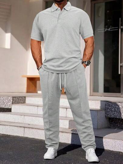 Men's Waffle Knit Casual Set, Short Sleeve Polo Shirt And Relaxed Fit Pants, Comfortable And Clean, Suitable For Spring And Autumn