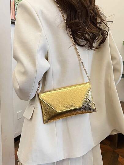 1 件绗缝翻盖 PU 纯色信封包，时尚亮色派对手拿包，激光亮色链条单肩包，亮面晚会小方包，适合女性用于约会、派对和晚会