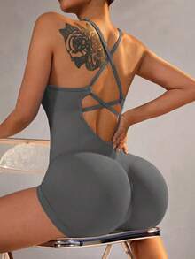 性感健身连体裤，女士可调节交叉绑带运动连体裤，跑步瑜伽连体裤，褶皱短裤，露背套装，连体裤 - 深灰色 - 查看 11