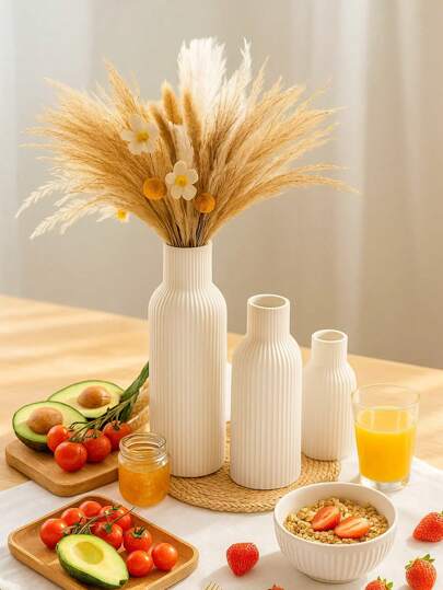 Minimalist Ribbed Wit Vases, 1/ ative Faux Ceramic Look Fall Home Moderne Dried Flower Display, Great Living Room, Entryway, Dining Tafel Room Vase Glass view 7