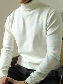 GRDR Men's Regular Shoulder Long Sleeve High Neck Sweater, Versatile For Daily Wear Knitted Pullover - White - View 3
