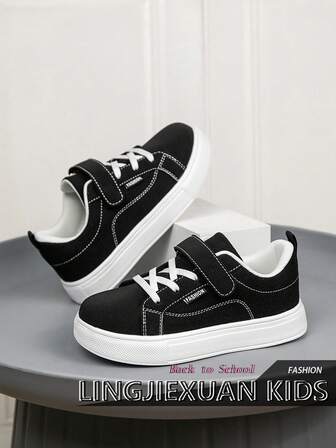 Kids' Comfortable Low-Top Sports Shoes, Soft Sole Shock-Absorbing Running Shoes, Hook & Loop Closure For Convenience, Black Minimalist Letter Decor Fashionable Sneakers, Flat Bottom Support Suitable For School, LINGJIEXUAN KIDS - Unisex Children Shoes