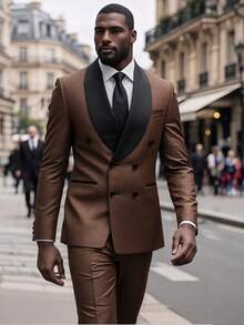 Men's Suit 2 Pieces Double Breasted Shawl Lapel Jacquard Blazer - Floral Print Wedding Party Groom Tuxedo Jacket & Pants Set - màu nâu - Xem 1