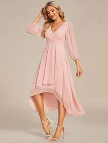 Đầm dự tiệc mùa thu thanh lịch tay phồng xếp ly bằng chiffon màu hồng, đầm dài tay cho phù dâu, đầm dạ hội, đầm dự tiệc cưới, đầm dự tiệc mùa xuân. - Hồng - Xem 5