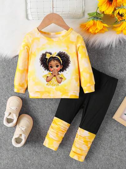 Baby Mädchen Lässiges Langarm T-Shirt mit süßem Figur-Muster und Batik-Patchwork Lange Hose, Frühling/Herbst