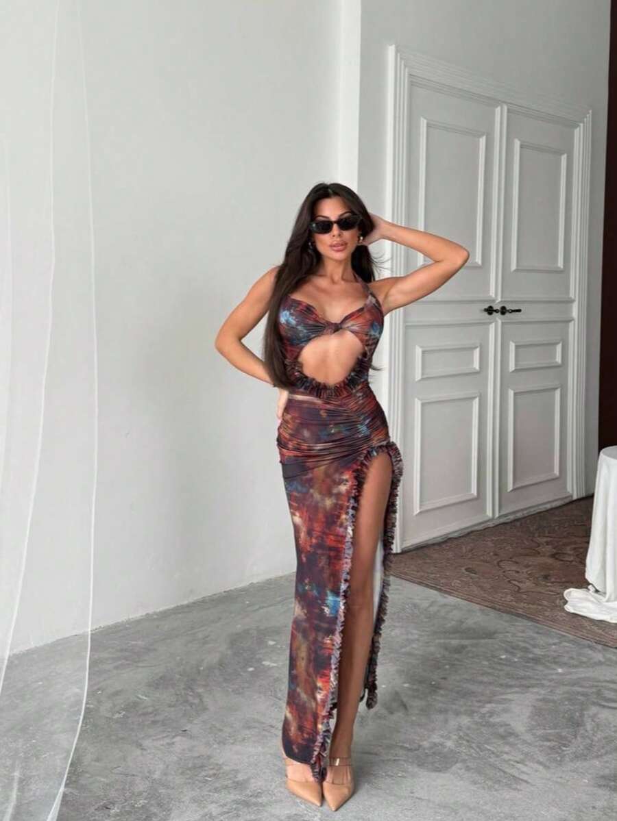 Damen elegant einfarbiges rückenfreies Abendkleid mit gerafftem Saum, geeignet für Hochzeit und formelle Dinners - Kaffeebraun - Übersicht 1