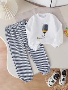 2pcs/Set Boys Casual Round Neck Sweatshirt With Embroidered Design And Elastic Waist Striped Jogger Pants, Suitable For Spring/Autumn Outdoor Wear - White - View 1
