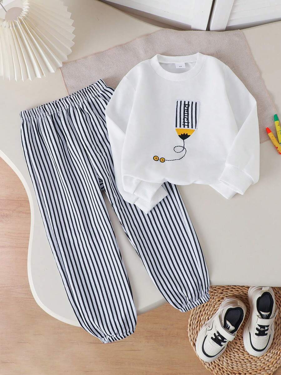 2pcs/Set Boys Casual Round Neck Sweatshirt With Embroidered Design And Elastic Waist Striped Jogger Pants, Suitable For Spring/Autumn Outdoor Wear - White - View 1