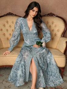 Savoree New Summer Floral Print V-Neck Chiffon Ruffle Trim Splice Long Sleeve Vacation Dress