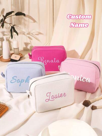 1pc Customized Name Makeup Bag, Customized Makeup Bag Storage Bag, Embroidered Letter Makeup Bag, Bridesmaid Box, Toiletries Cosmetics, Nursing Bag, Embroidered Bag, Wash Bag, Travel Makeup Bag, Unique Waffle Design, Space Saving, Exquisite, Fashionable, Neat, Simple, Casual, Unique Personalized Customized Gift, Suitable As Christmas Gift,Christmas Beauty Accessories
