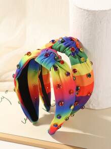 1 件多巴胺彩虹条纹水钻扭纹头带，休闲百搭面料发饰，适合日常生活、街头服饰、骄傲月装饰、发带、发箍、发饰