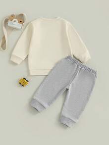 Toddler Baby Boys Fall Winter Outfit Fashionable Tool Cart Print Long Sleeve Sweatshirt Pullover Tops With Solid Color Pants 2 Pcs Outfits - Beige - View 10