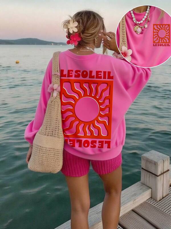 Sweat-shirt décontracté à encolure ras-du-cou et épaules tombantes avec graphique de plage tropicale, vêtement polyvalent pour l'automne pour femmes