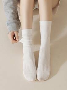 1/5/6 Pairs Women Socks, Encore Solid Color Ribbed Mid-Calf Socks, Simple & Versatile For Outdoor Casual Wear, Indoor Black & White Ladies Socks, Autumn/Winter