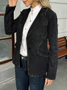 Chaqueta vaquera negra informal para mujer con cuello de solapa y cierre de botones, abrigo estilo bomber de manga larga y corte regular con bolsillos para un look vintage otoñal. - Negro - Ver 4