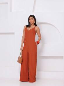 Macacão Longo Pantalona Alcinha Ajustavel Bolso Tecido Twill