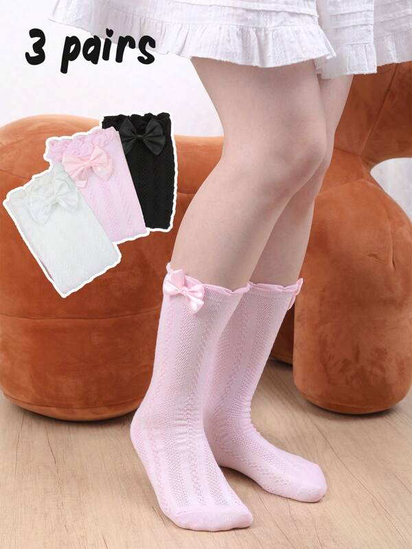 3 Pairs Girls Knee High Socks With Bow, Thigh High Socks Without Heel, Versatile Lolita Style Socks Suitable For All Ages