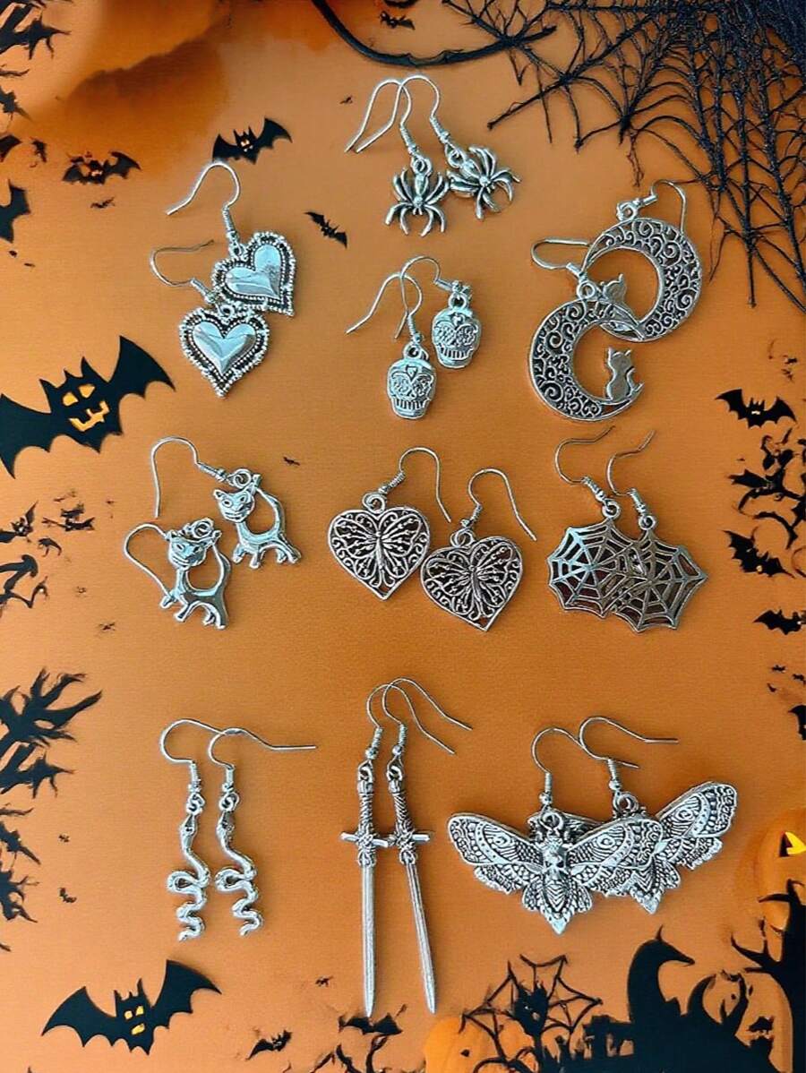 20pcs/Set Vintage Silver-Tone Halloween Earrings Pendants, Includes Snake, Skull, Butterfly, Cat Moon, Spider Heart Shapes, Fashion Accessories For Women, Halloween Decor