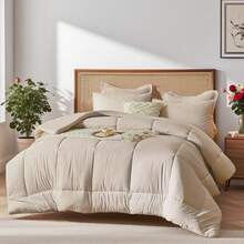 100% Microfiber 7 Pieces Chic Bed Comforter Set, Designed With Geometric Quilting, Suitable For Hotel Bedroom Room Decor, Suitable For All Four Seasons, Soft And Comfortable Summer Bedding Set, Including 1 Comforter, 4 Pillowcases, 1 Flat Sheet And 1 Fitted Sheet. - 卡其色 - 查看 1