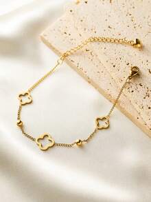 1 件 18K 镀金不锈钢空心四叶草手链，适合女士，高端百搭时尚手链，不会褪色 - 金色 - 查看 2