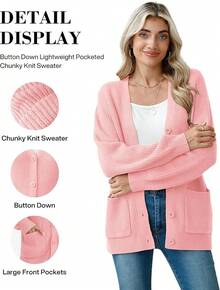 Women Chunky Knit Cardigan Sweater Long Sleeve Button Up Cardigan With Pocket Sweater Coat Fall And Winter, Fashionable Knitwear SLK8 - Hồng - Xem 4
